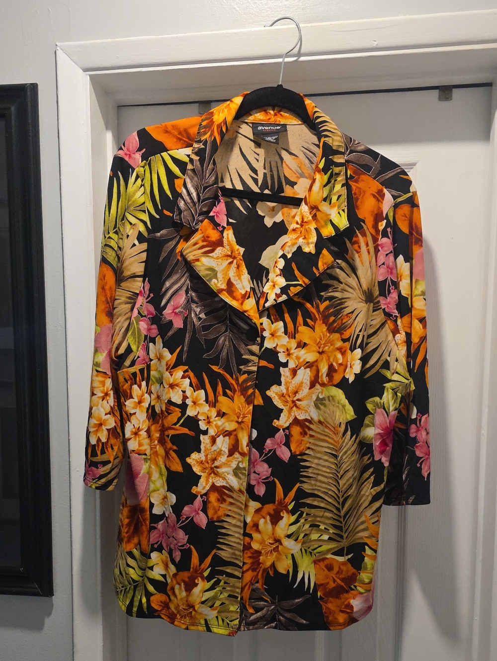Avenue Black Tropical Floral Button Cardigan with Orange & Pink Accents